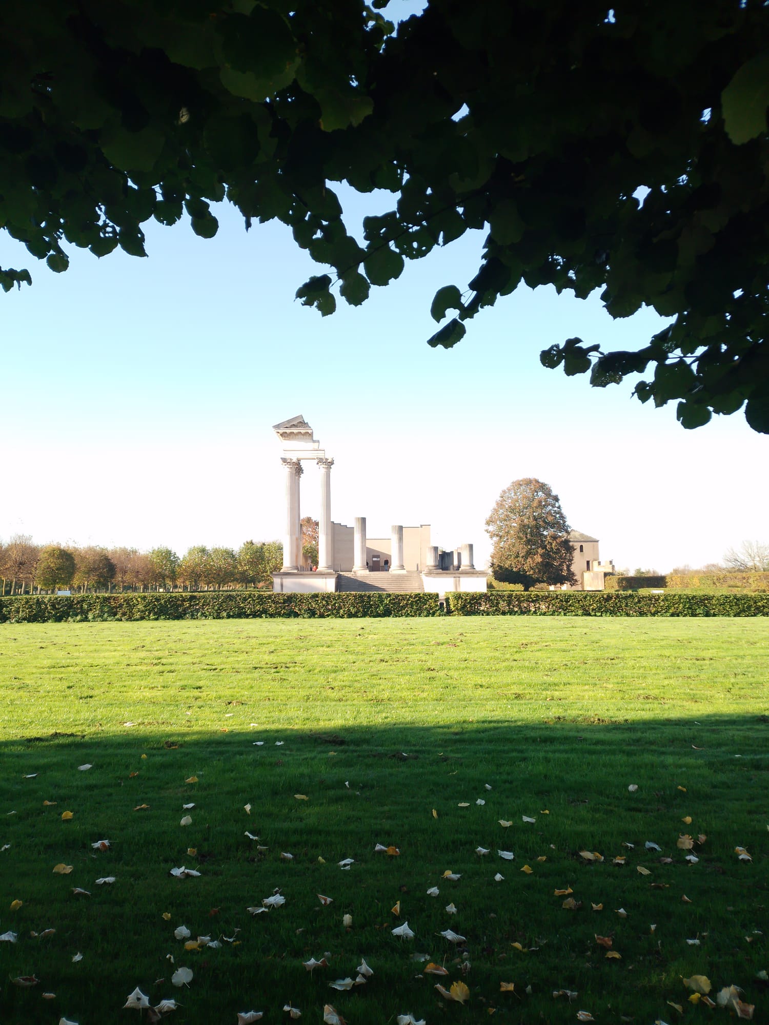 A Photo taken at the front of the reconstructed Roman temple in LVR-Archäologischen Park Xanten.