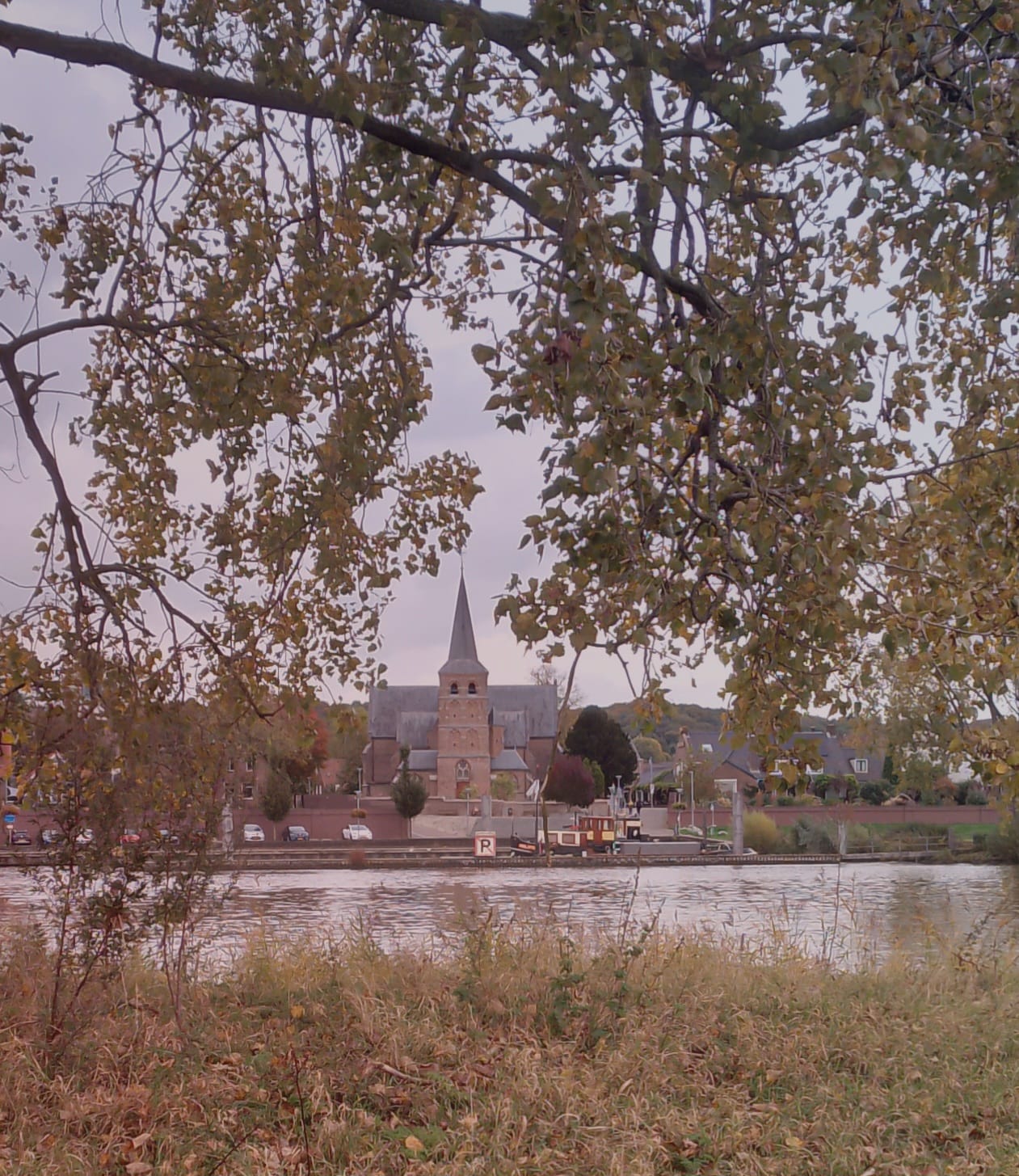 A View of a church across the Maas river.